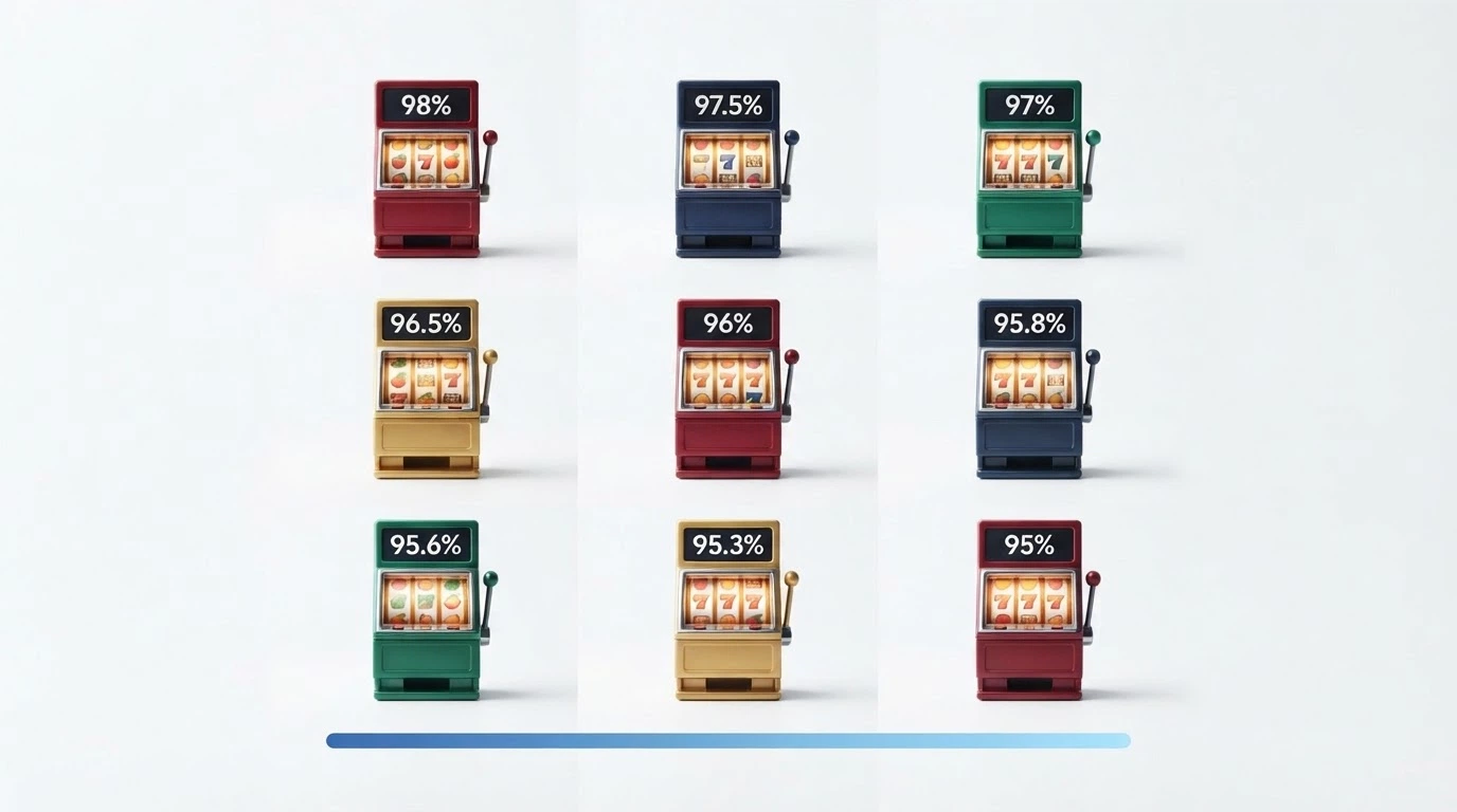 Una griglia di 9 slot machine in miniatura con il valore RTP in evidenza su ciascuna, disposte dalla più alta (98,00%) alla più bassa (95,10%)