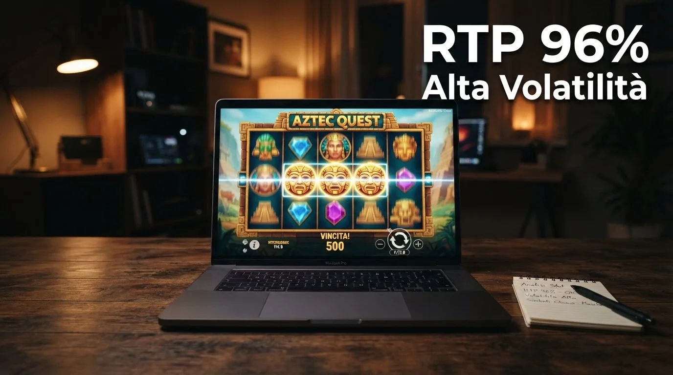 Schermata di una slot machine online con i rulli in movimento, il valore RTP e la volatilità in sovrimpressione