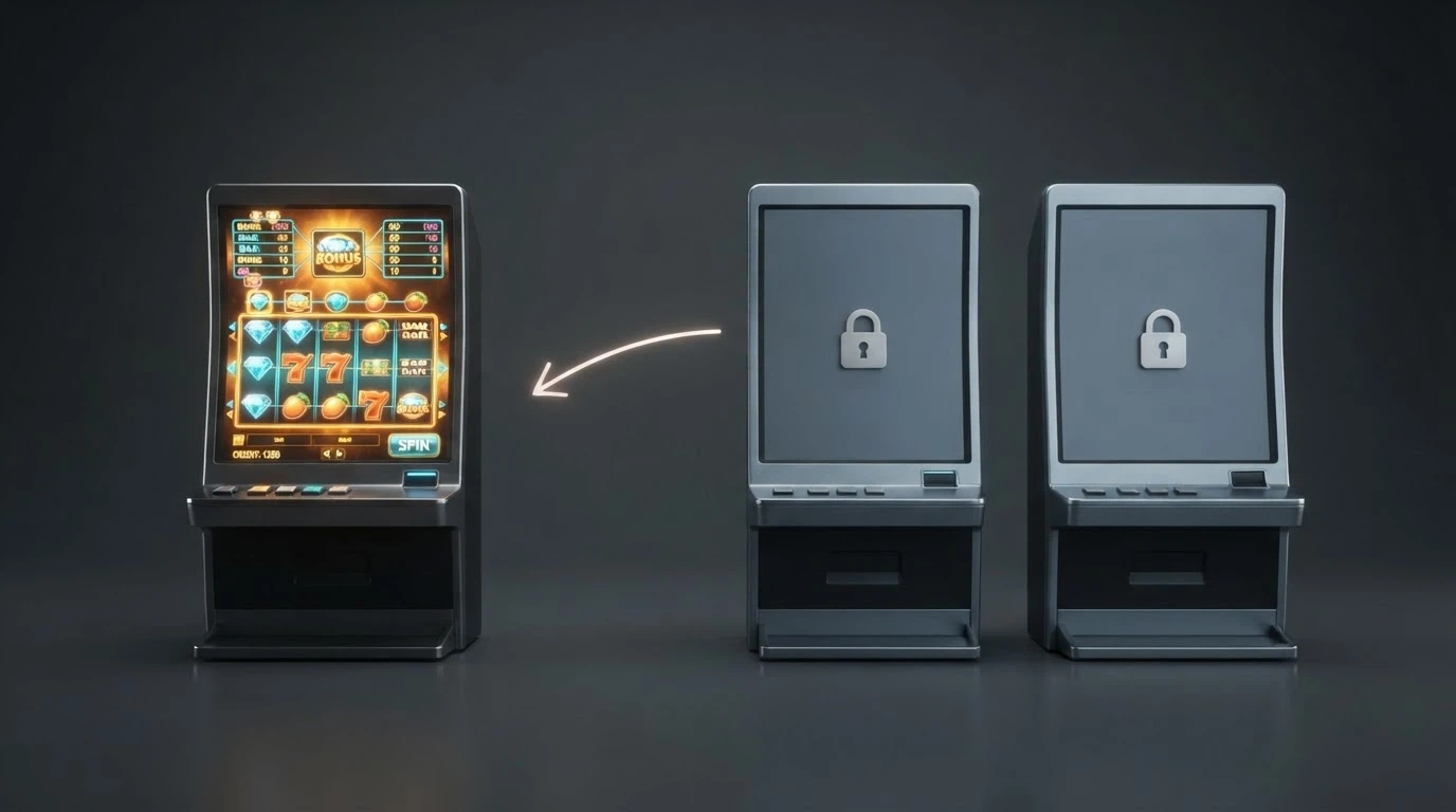 Tre slot machine affiancate su schermo — una illuminata e accessibile, le altre due in grigio con un lucchetto sopra — mentre una freccia indica solo la prima come giocabile.