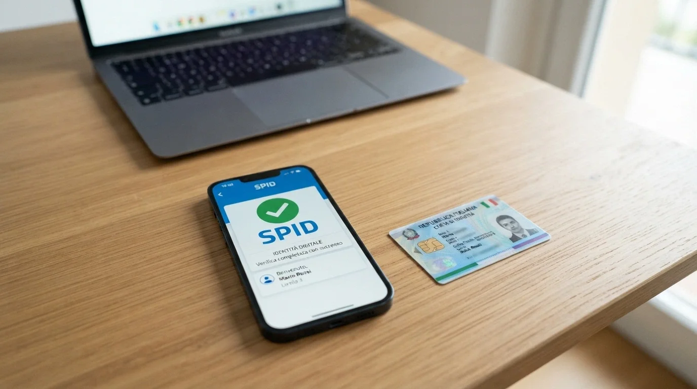 Un telefono con l'app SPID e una carta CIE appoggiate accanto a un computer