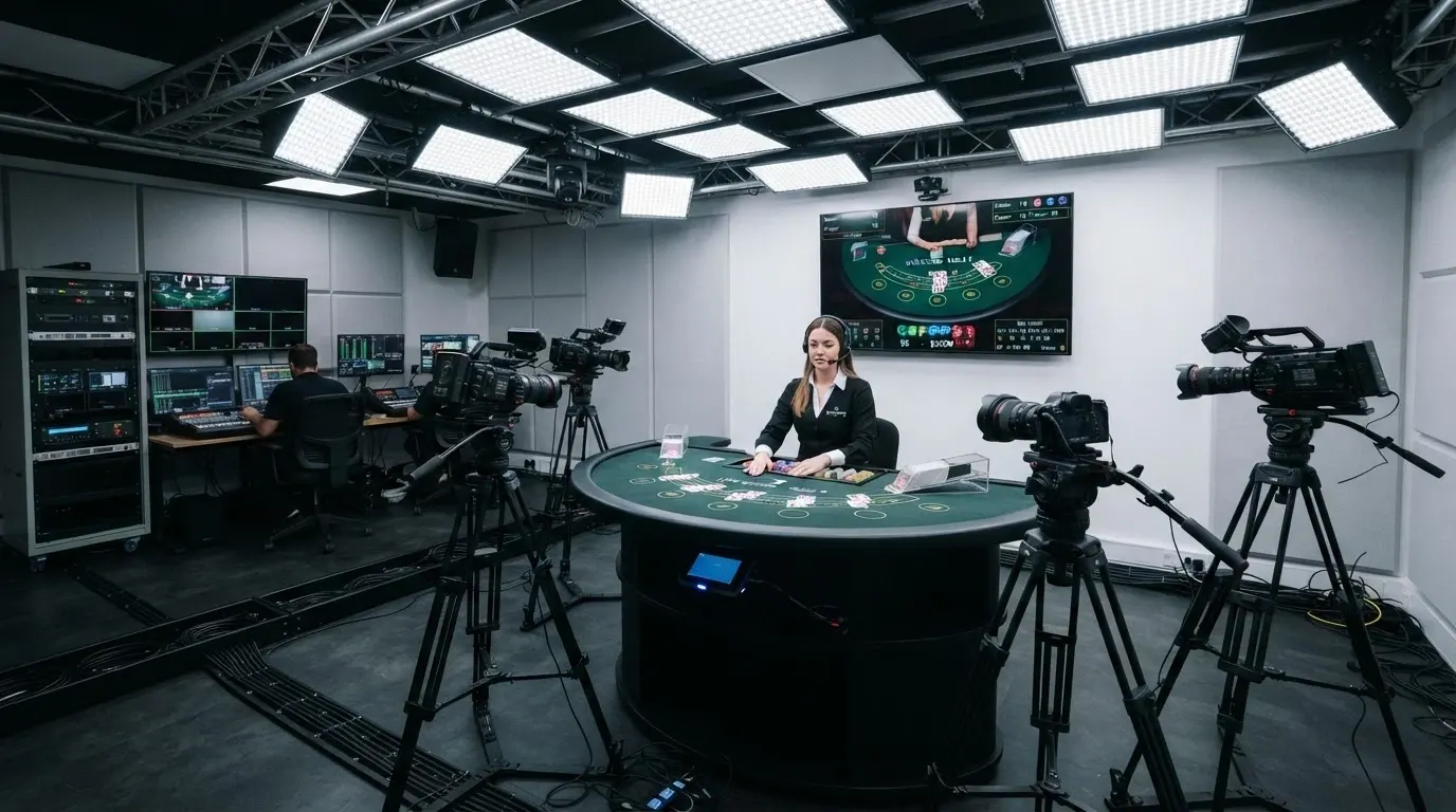 Studio di produzione live con telecamere 4K puntate su un tavolo da blackjack, il monitor OCR che digitalizza le carte in tempo reale