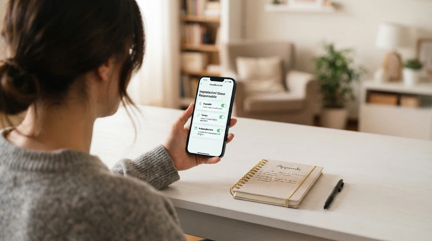 L'interfaccia di un pannello di controllo con interruttori per limiti di deposito, tempo di sessione e autoesclusione, su sfondo rassicurante