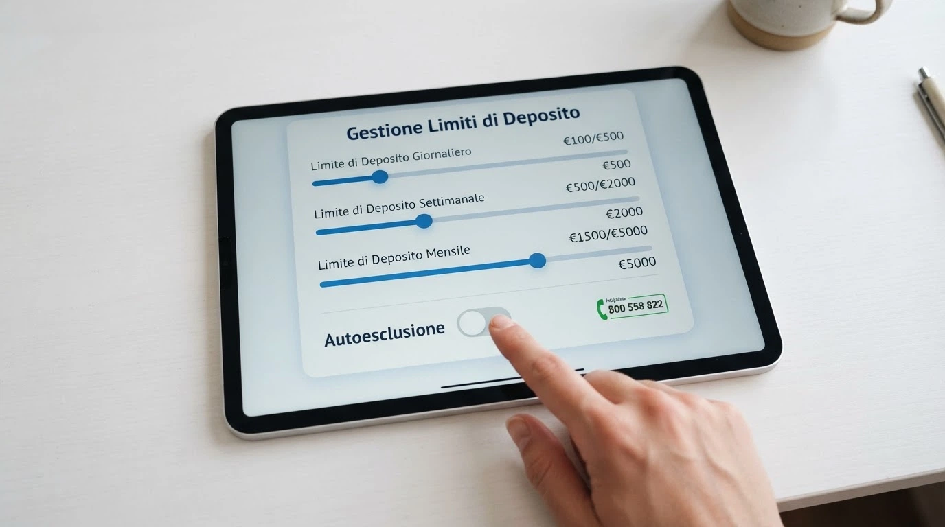 Un pannello di controllo stilizzato con slider per limiti di deposito, un interruttore «Autoesclusione» e un'icona del Telefono Verde con il numero 800 558 822.