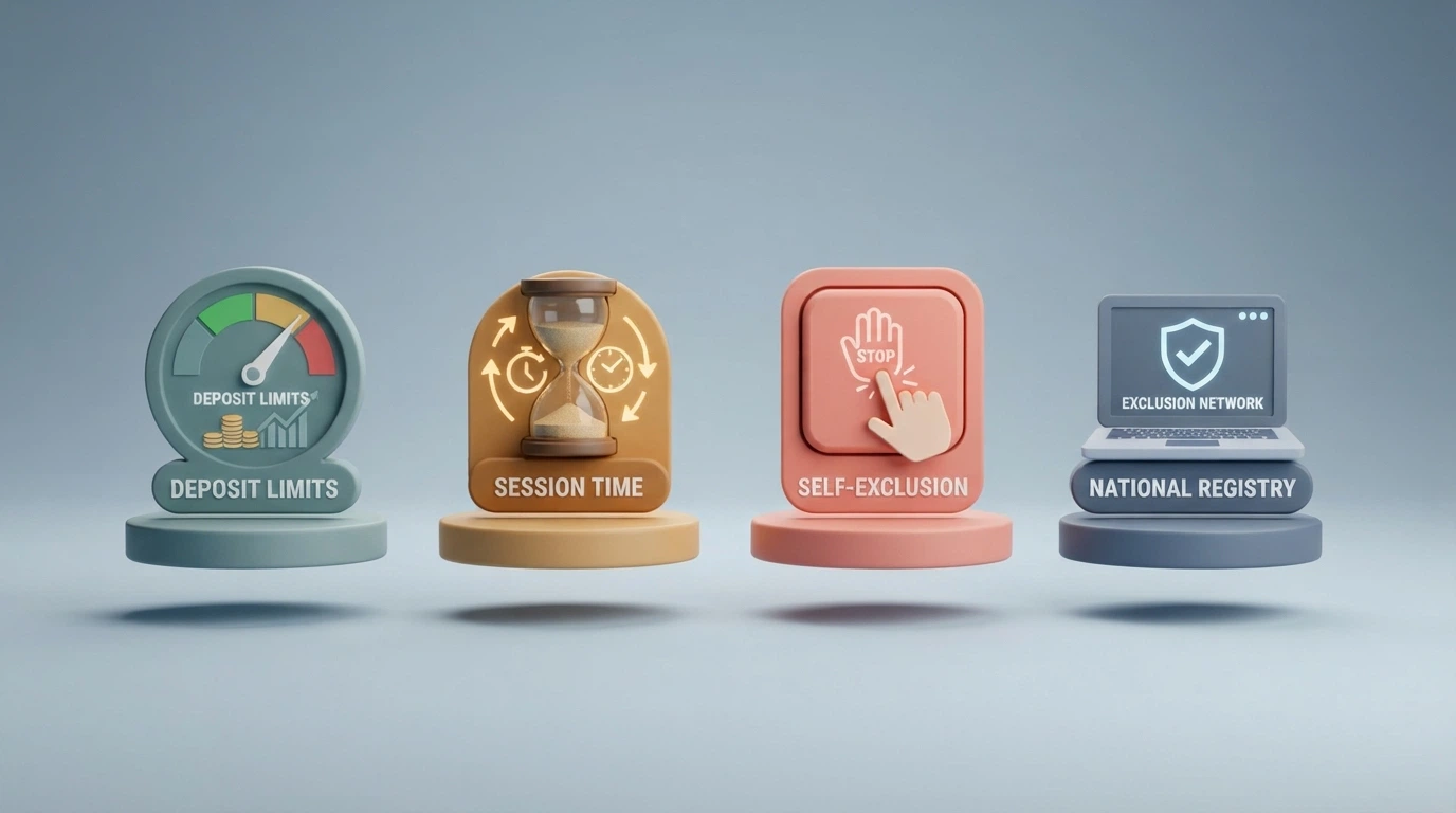 Icone ordinate degli strumenti di gioco responsabile: limite di deposito, timer di sessione, tasto autoesclusione, schermata RUA