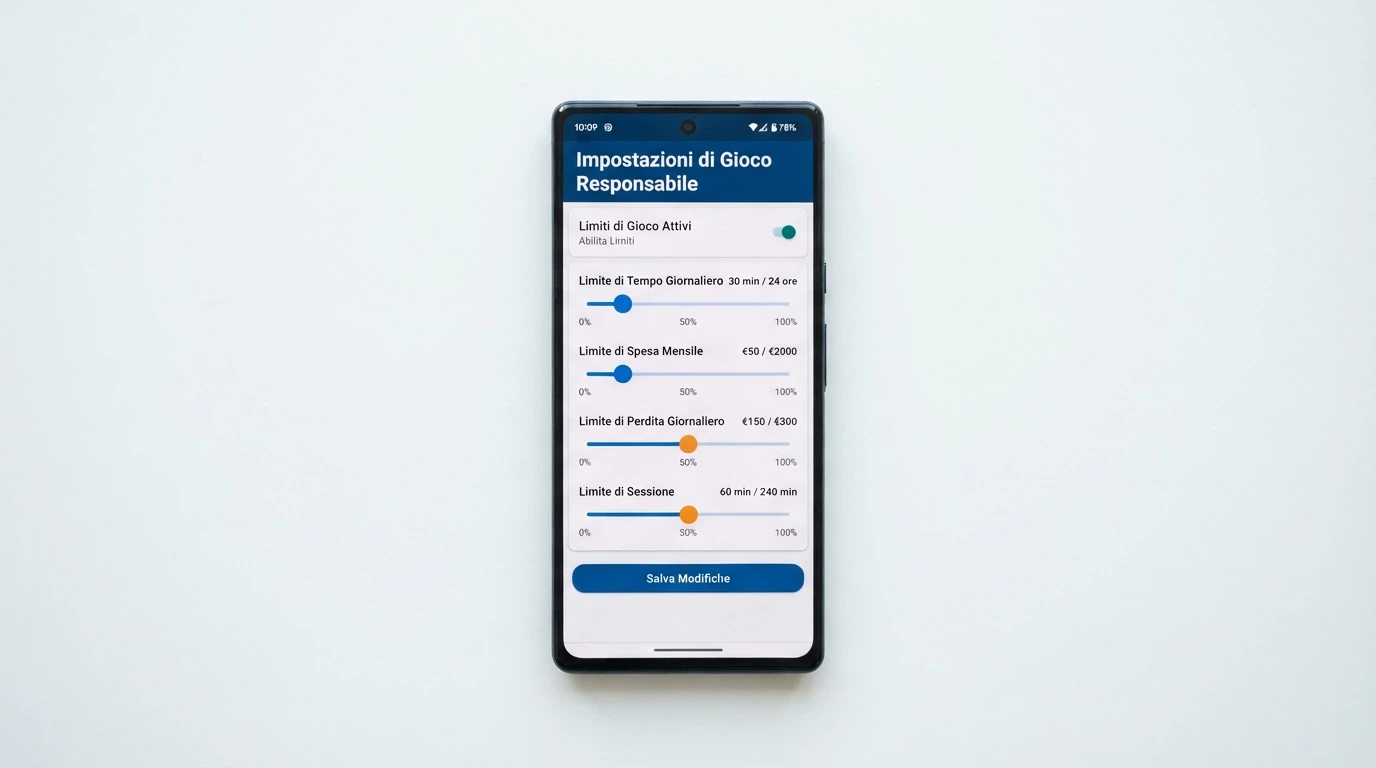 Pannello dei limiti di deposito e autoesclusione nell'interfaccia di un casinò Android con i cursori attivati
