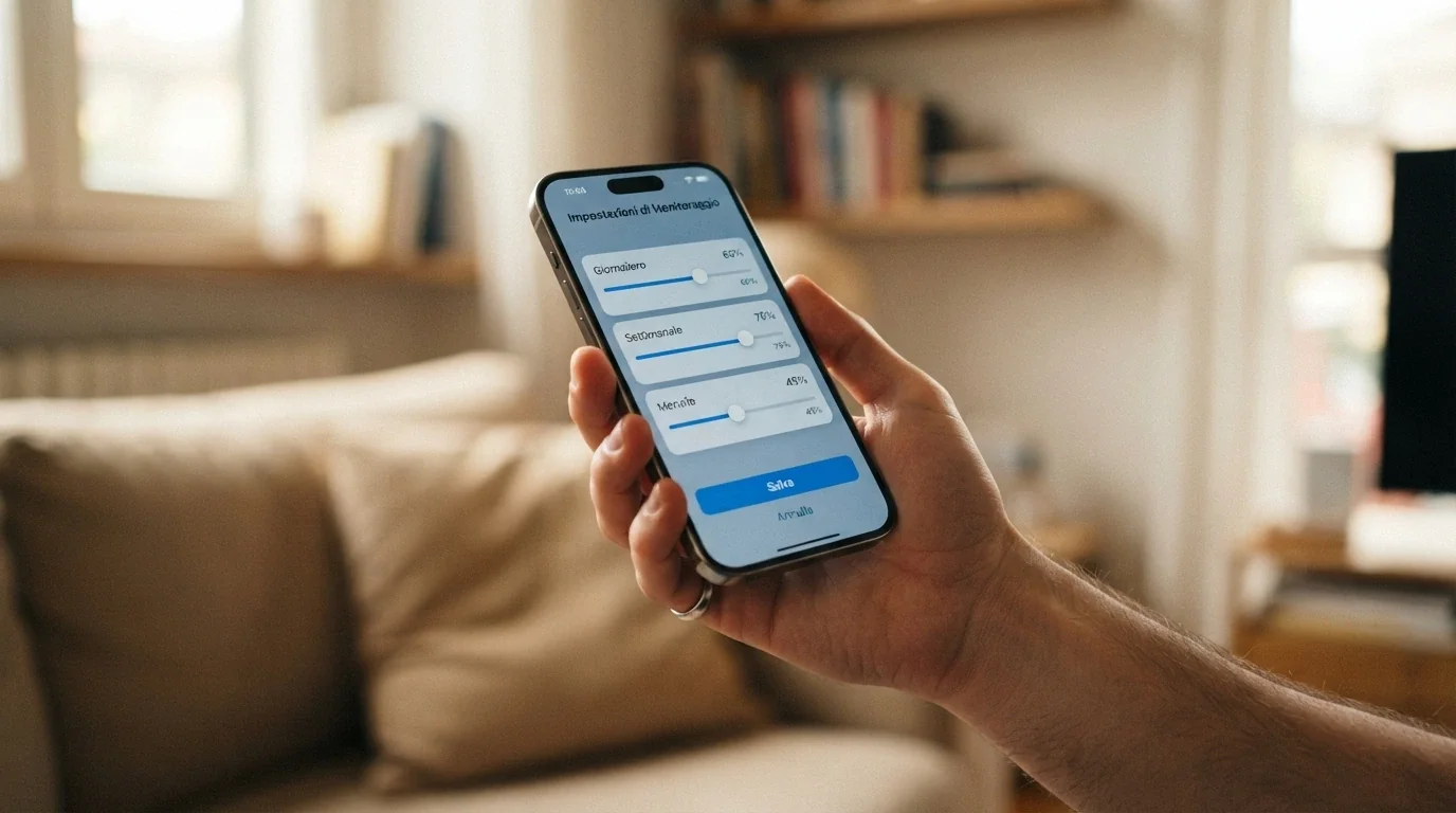Pannello di controllo dei limiti di deposito su una piattaforma ADM, con slider per limite giornaliero, settimanale e mensile