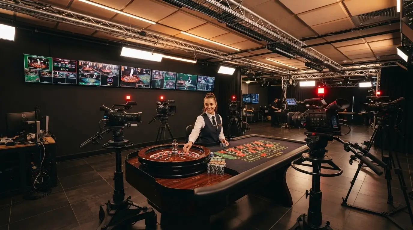 L'interno di uno studio di gioco live dealer con telecamere HD, illuminazione professionale e un croupier seduto al tavolo da roulette circondato da monitor