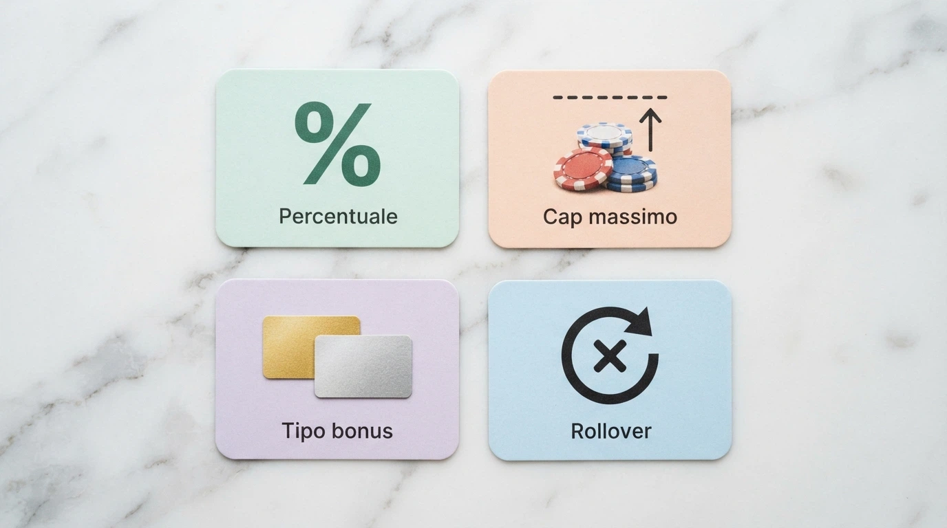 Tabella comparativa stilizzata con icone che rappresentano percentuale, cappello massimo, tipo bonus e rollover