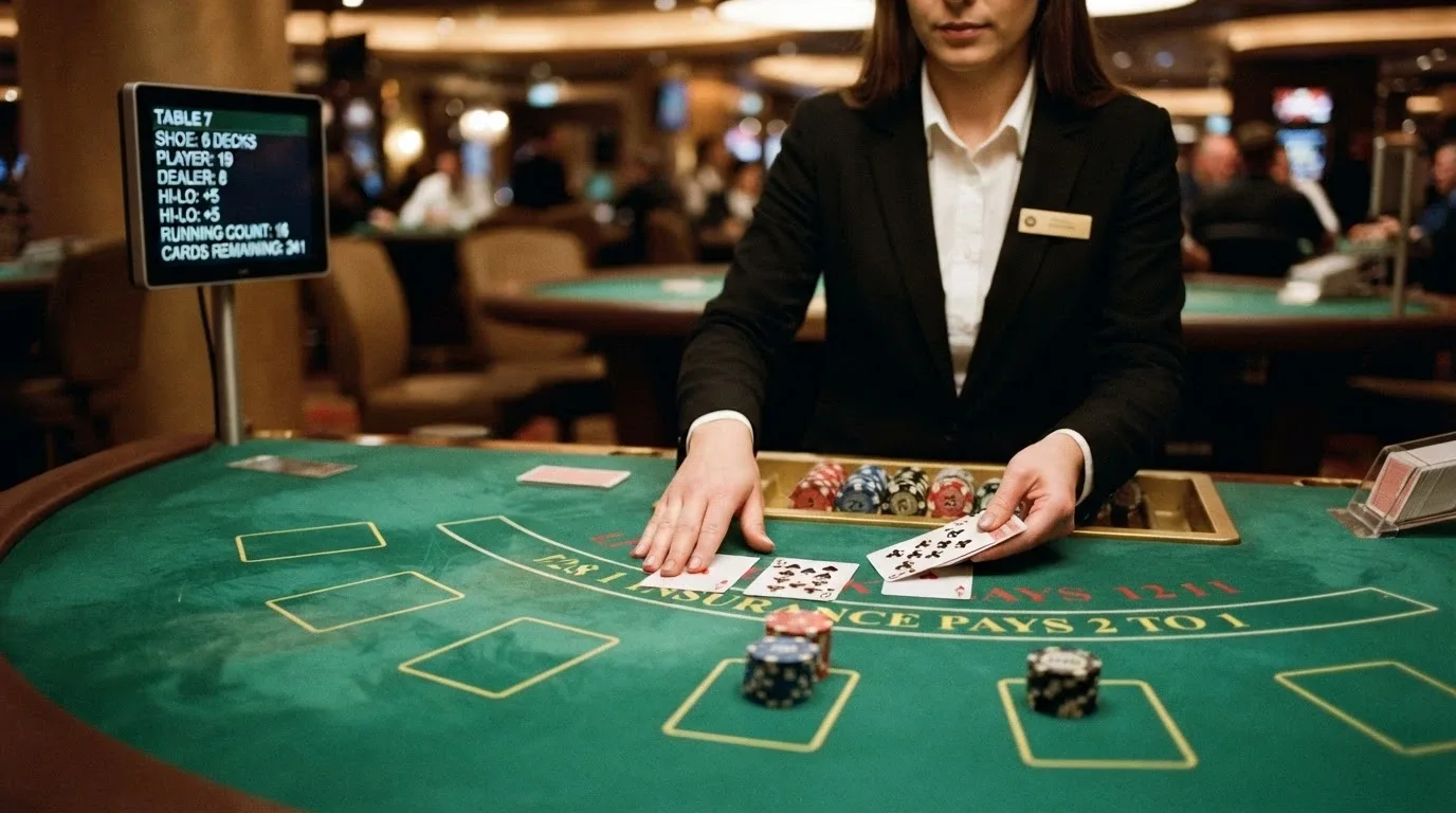 Mani di un croupier che distribuiscono carte su un tavolo da blackjack, con le puntate visibili sul panno verde e il monitor laterale che mostra le statistiche