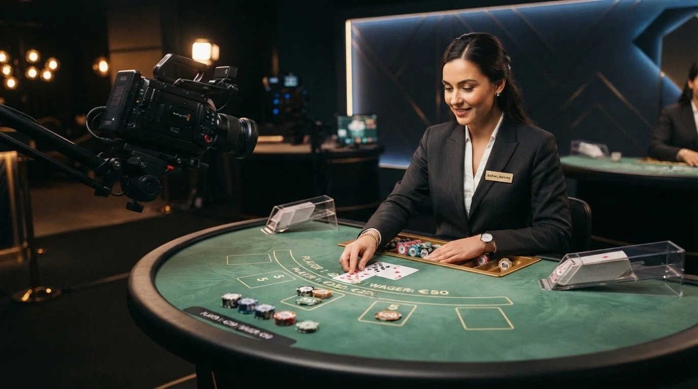 Un croupier dal vivo inquadrato in un ambiente elegante, con un tavolo da blackjack e l'interfaccia di puntata visibile sullo schermo