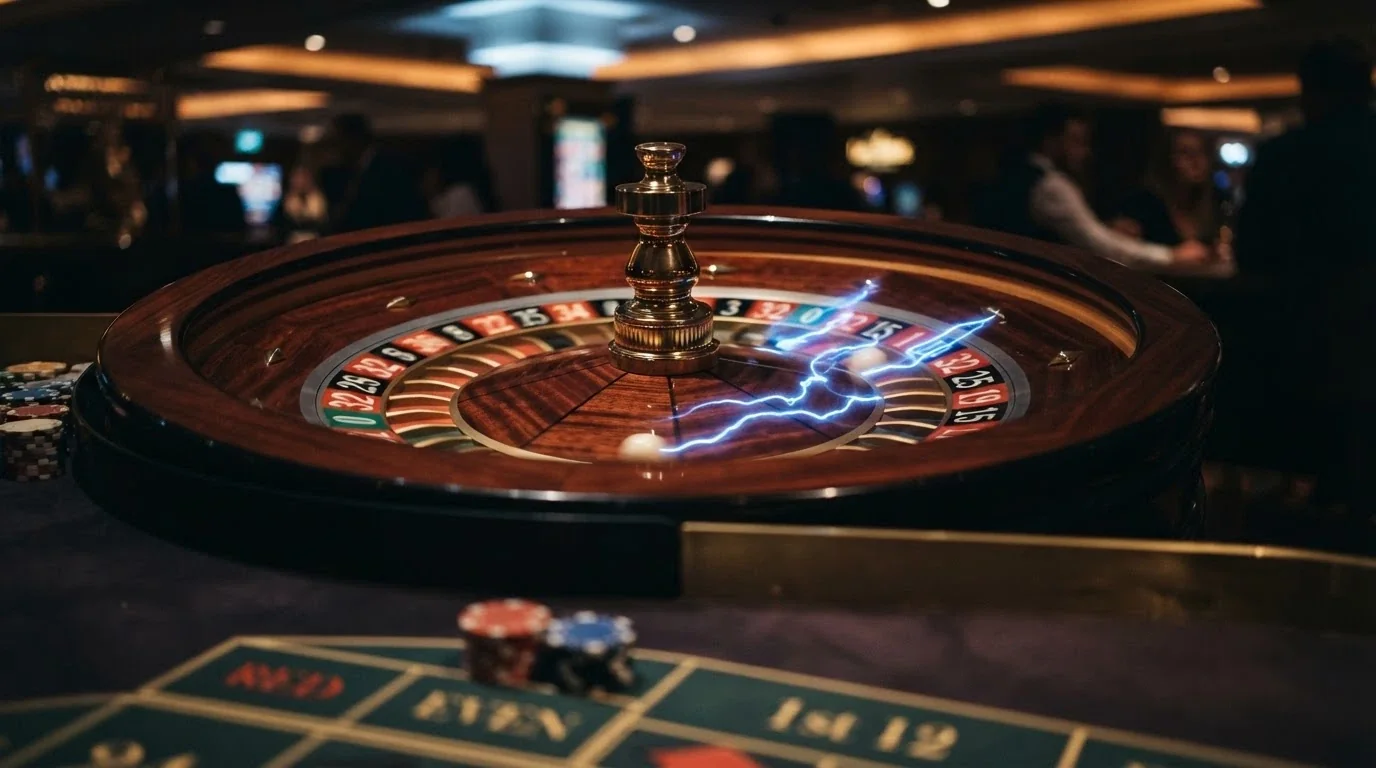 Primo piano di una ruota della roulette in rotazione, con effetti luminosi che evidenziano i numeri Lightning e il tavolo da gioco in prospettiva