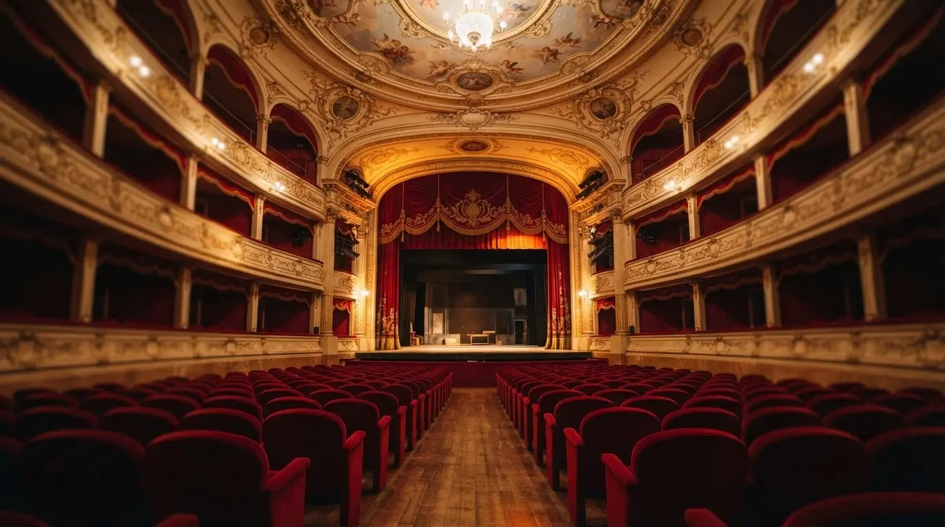 Il palcoscenico del teatro del Casinò di Sanremo con platea in velluto rosso e palchi laterali