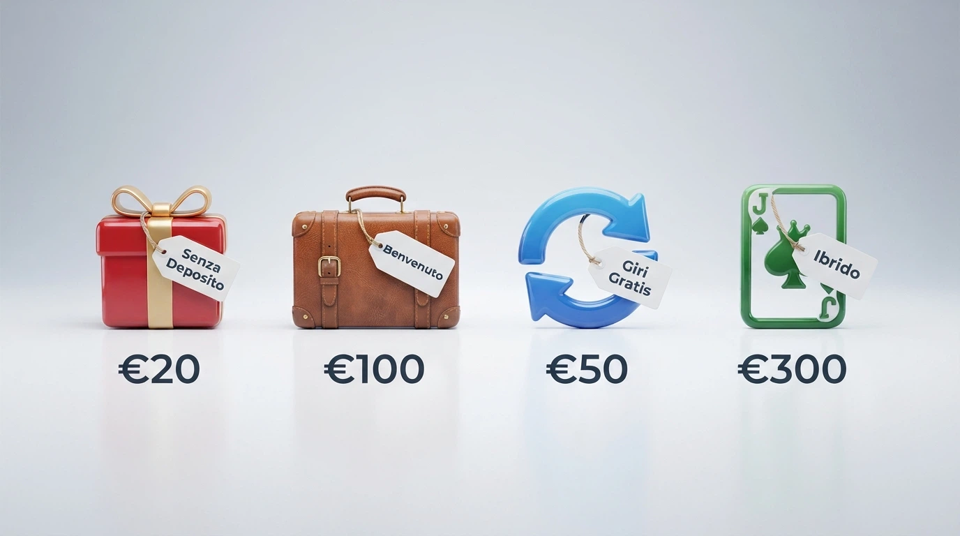 Quattro icone stilizzate in fila: un regalo con etichetta «Senza Deposito», una valigia con «Benvenuto», un cerchio di frecce con «Giri Gratis» e un jolly con «Ibrido» — ciascuna con un valore in euro sotto