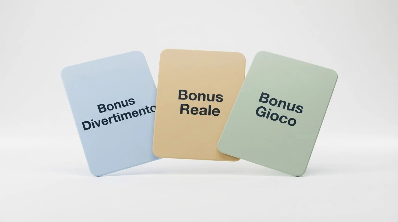 Tre carte da gioco stilizzate con diciture Fun Bonus, Real Bonus e Play Bonus disposte a ventaglio su uno sfondo pulito