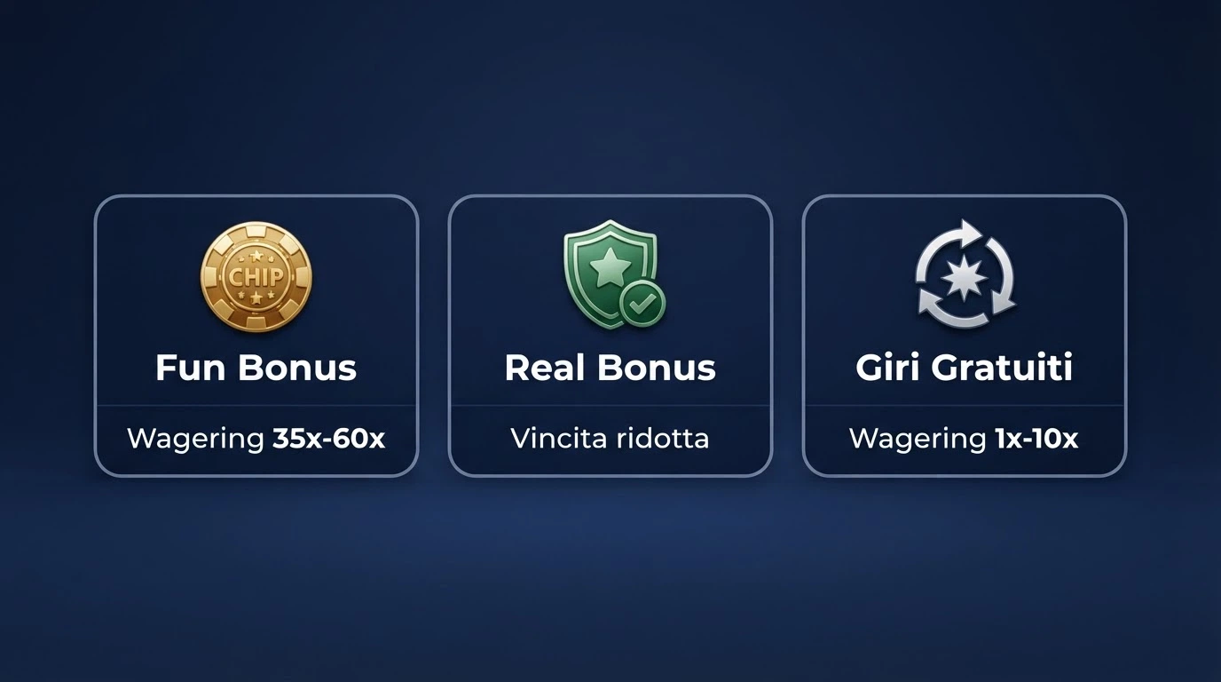 Tre riquadri che rappresentano Fun Bonus, Real Bonus e Giri Gratuiti con i relativi termini di wagering