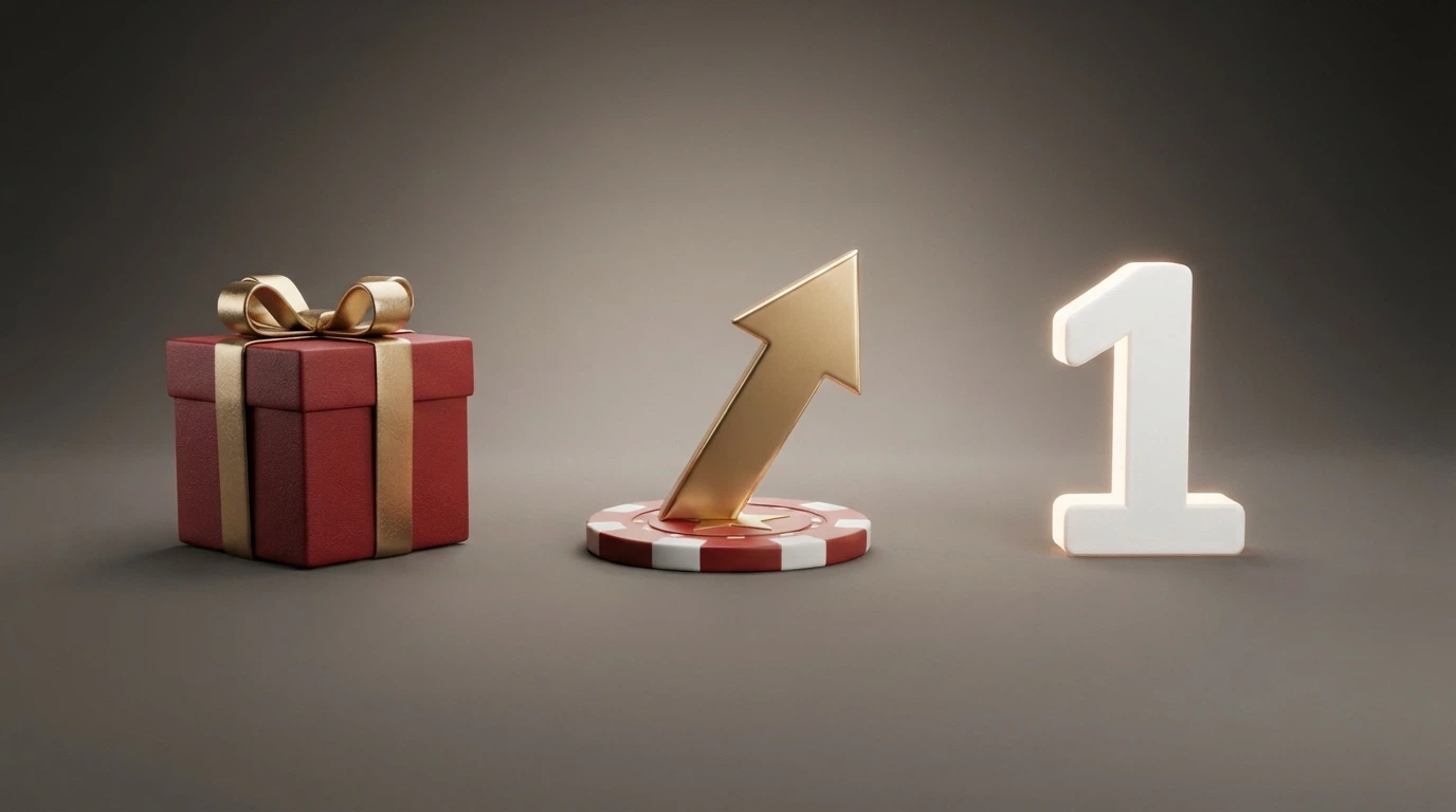 Tre icone affiancate che rappresentano le tipologie di bonus: un regalo per il benvenuto, una freccia verso l'alto per il deposito e il numero 1 per il primo deposito