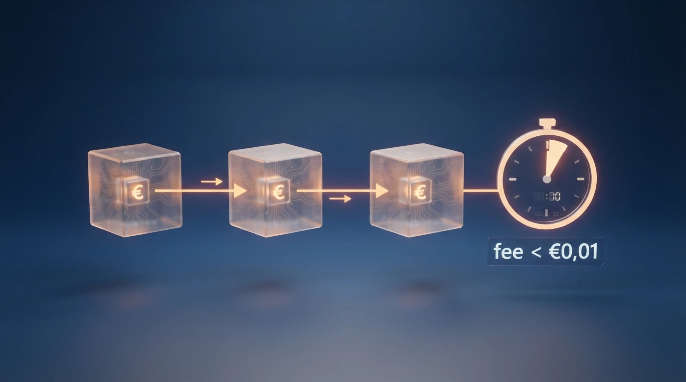 Una rappresentazione visiva di una transazione blockchain: blocchi collegati con il logo DOGE, un timer che segna ~1 minuto e la scritta «fee < $0,01»