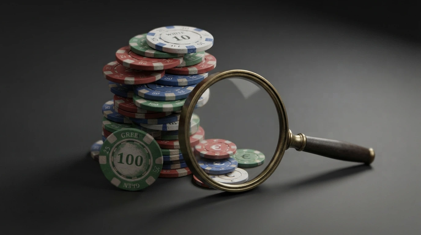 Una pila di fiches da casinò con un punto interrogativo al centro: la pila è alta ma una lente d'ingrandimento rivela che ogni fiche ha un valore nominale basso