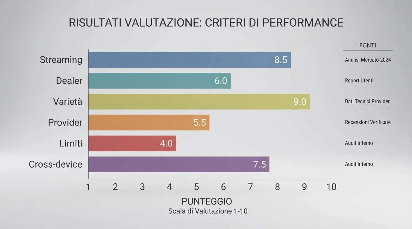 Una rappresentazione grafica dei sei criteri di valutazione (streaming, dealer, varietà, provider, limiti, cross-device) disposti su una scala da 1 a 10, con l'elenco delle fonti consultate a lato