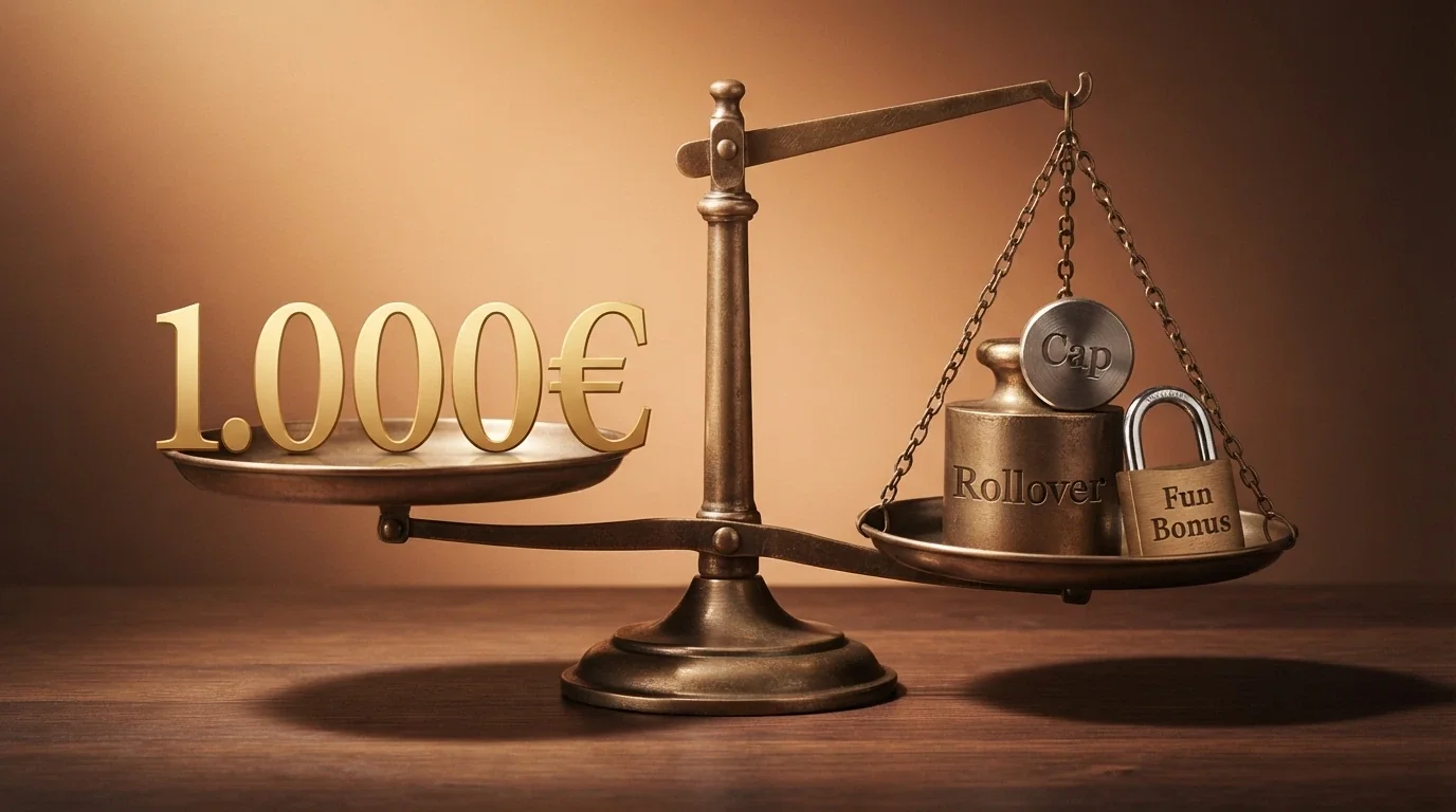Una bilancia stilizzata: sul piatto sinistro la cifra «1.000€» in grande, sul piatto destro tre pesi etichettati «Rollover», «Cap», «Fun Bonus» — la bilancia pende a destra