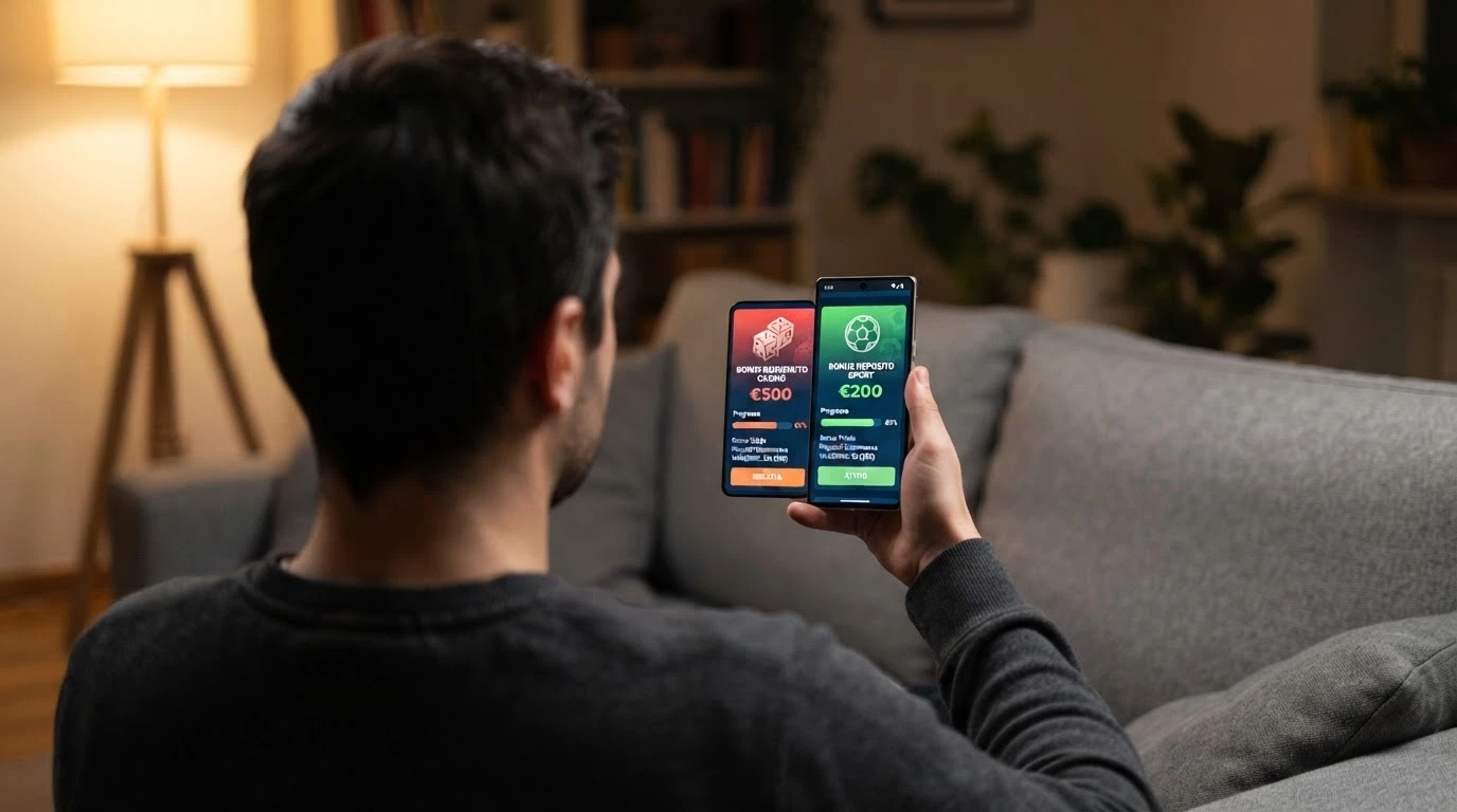 Un giocatore che confronta su un dispositivo mobile le condizioni di due bonus senza deposito con SPID