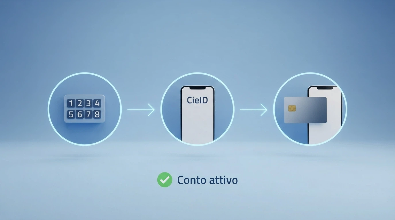 Flusso a tre passaggi: PIN CIE → app CieID → NFC con carta fisica → conto gioco attivo