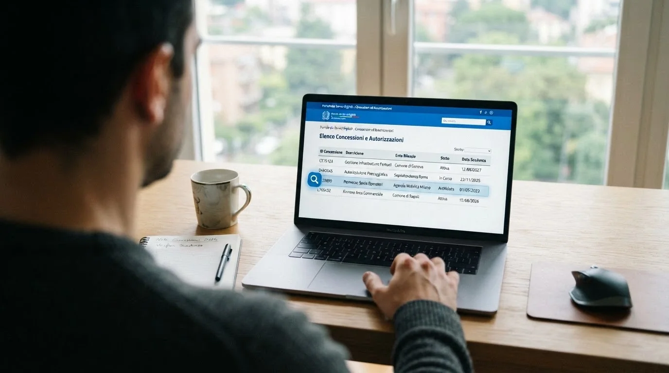 Lo schermo di un computer che mostra il sito adm.gov.it con la sezione «Concessionari gioco a distanza» aperta e una lente di ingrandimento sul numero di concessione.