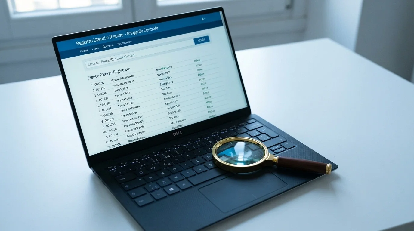 Schermo di un laptop con il sito di un regolatore internazionale aperto, una lente di ingrandimento appoggiata accanto alla tastiera