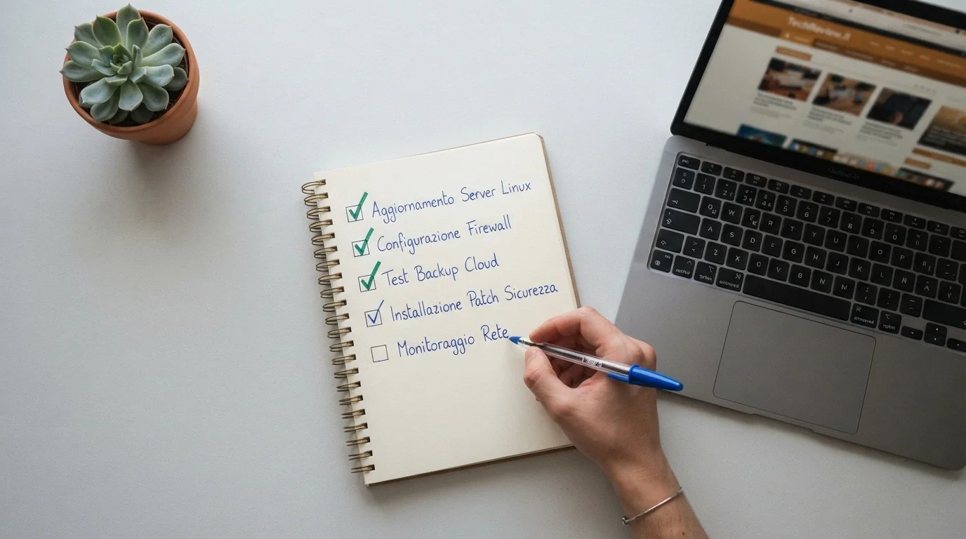 Checklist di valutazione con criteri spuntati: licenza, bonus, wagering, prelievo, assistenza, accanto allo schermo di un computer con una recensione aperta