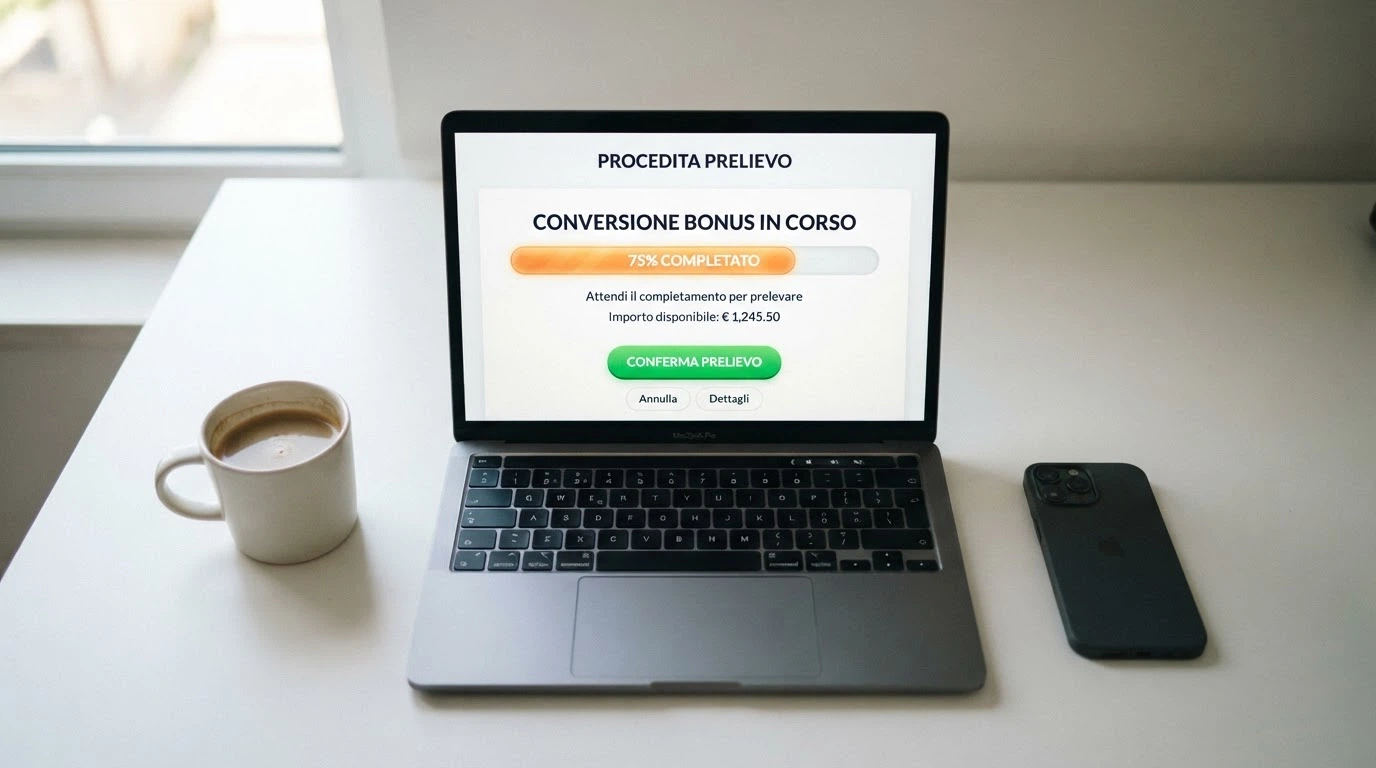 Una schermata di prelievo su un casinò online con il saldo bonus in fase di conversione e il pulsante di prelievo attivo