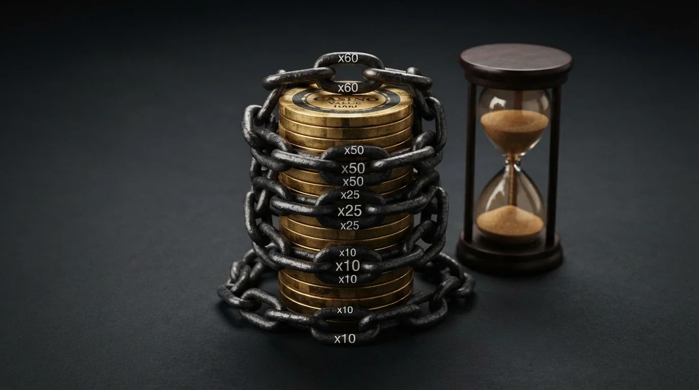 Una catena composta da anelli con moltiplicatori (x10, x25, x50, x60) che si stringe attorno a una pila di monete, con una clessidra accanto — più alto il moltiplicatore, più la catena è stretta